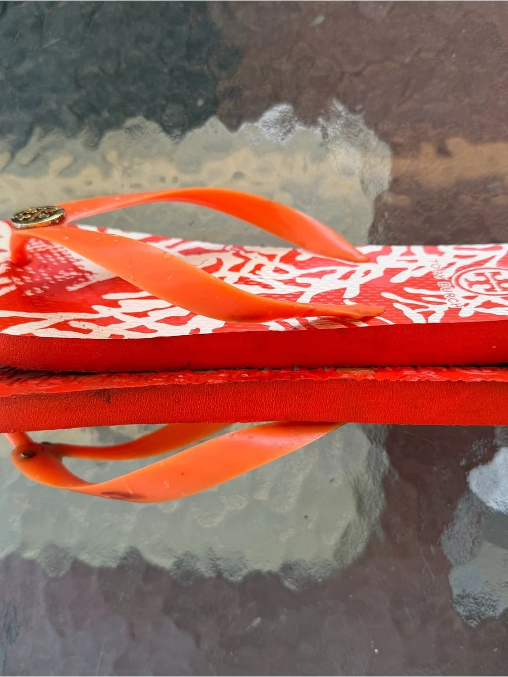 Tory Burch Orange Coral-Print Logo Flip Flops